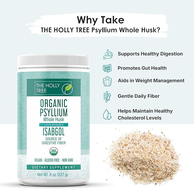 Psyllium Husk Powder Organic 8 oz - Isabgol - Whole Psyllium Husk Fiber Supplement for Digestive Health & Regularity - Gluten-Free, USDA Organic, Kosher