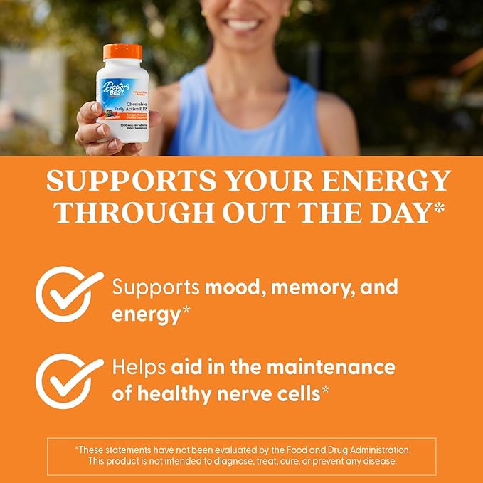 Doctor's Best Chewable Fully Active Methyl B12, Methylcobalamin, Energy, Memory, & Mood Support, Non-GMO, Gluten Free, Soy Free, Vegan 60 Tablets