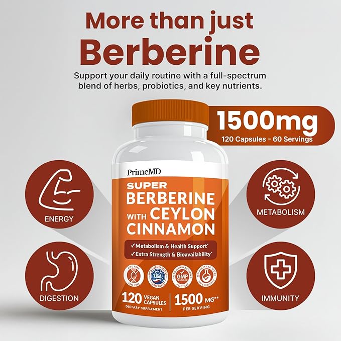 Super Berberine Supplement with Ceylon Cinnamon, BioPerine, Apple Cider, and Turmeric 1500mg - 8-in-1 Dihydroberberine Supplement for Overall Wellness and Balance Support, 120 ct