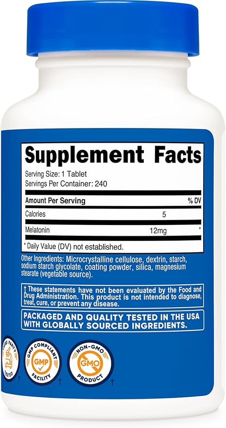 Nutricost Melatonin 12mg, 240 Tablets - 12mg Per Serving, Non-GMO, Gluten Free