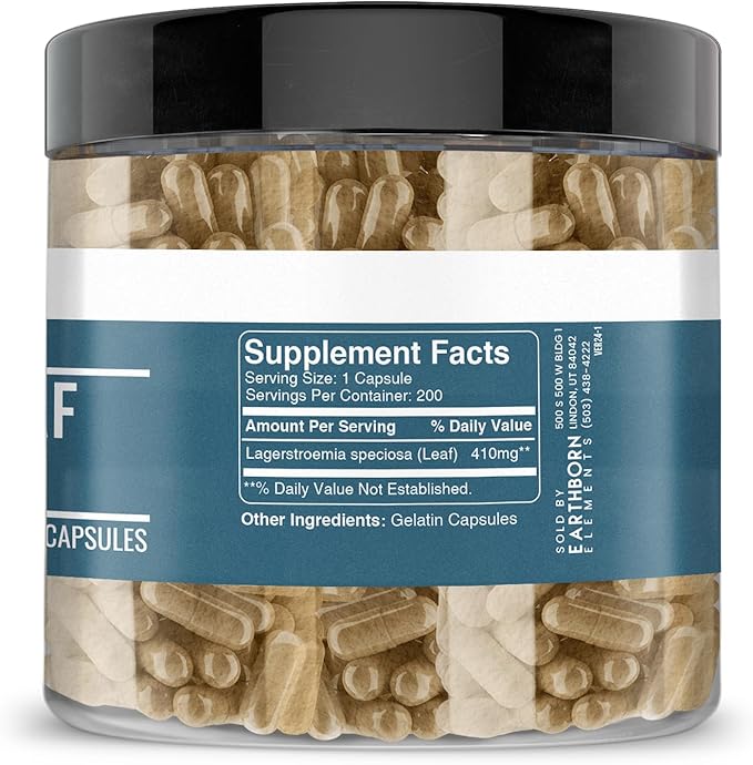 Earthborn Elements Banaba Leaf Extract 200 Capsules, Pure & Undiluted, No Additives