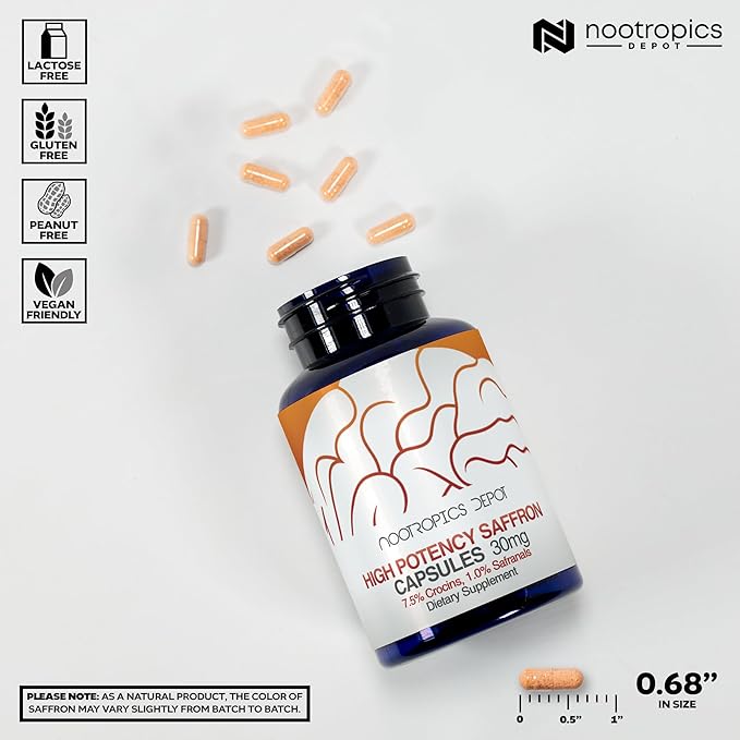 Nootropics Depot High Potency Saffron Extract Capsules | 30mg | Minimum 7.5% Crocins and 1% Safranals | Crocus sativus | 60 ct