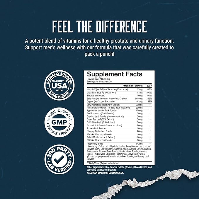 Prostate Support Supplement for Men, Pygeum with Pure Saw Palmetto Berries Extract Vitamins Zinc Plant Sterol Complex Easy Urinary Flow Mens Health