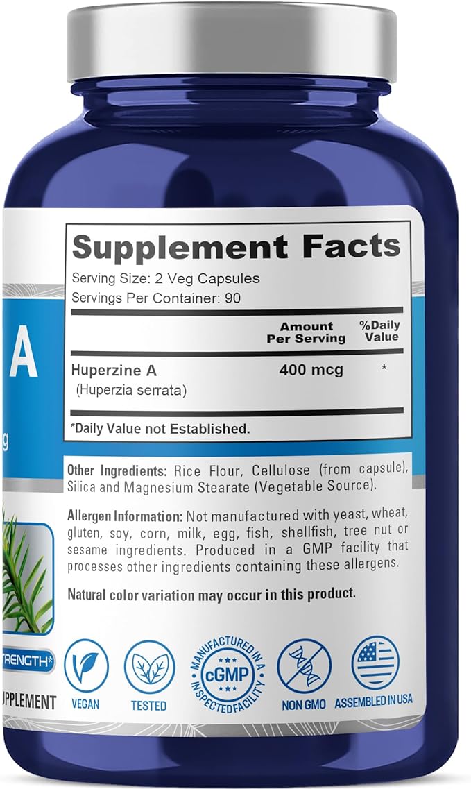NusaPure Huperzine A 400mcg 180 Veggie Capsules (Vegetarian, Non-GMO, Vegan)