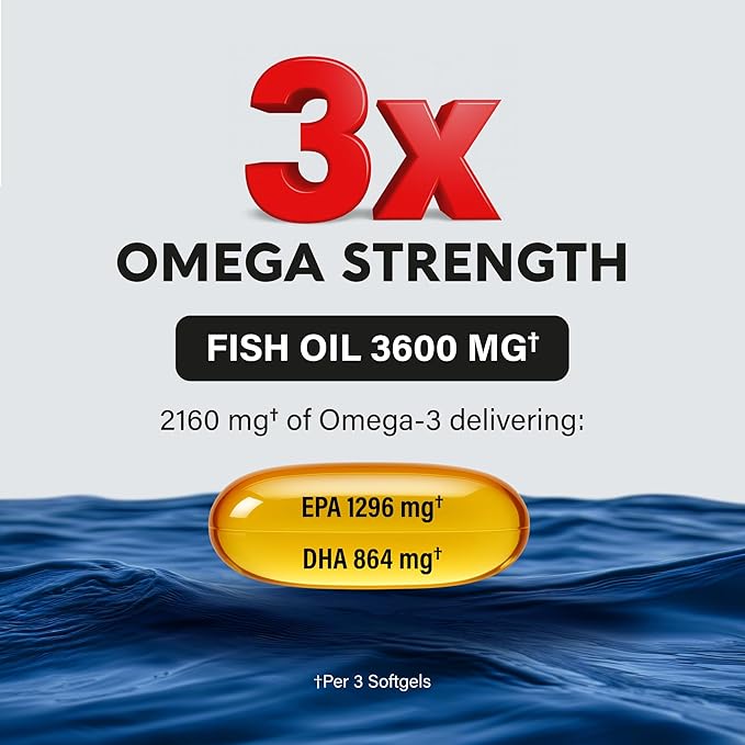Omega 3 Fish Oil 3600 mg - Omega 3 Supplement | EPA & DHA - Heavy Metals Free - Heart, Brain & Joint Support - Purified Fish Oil for Men & Women - Burpless, Lemon Flavored - Made in USA, 120 Softgels