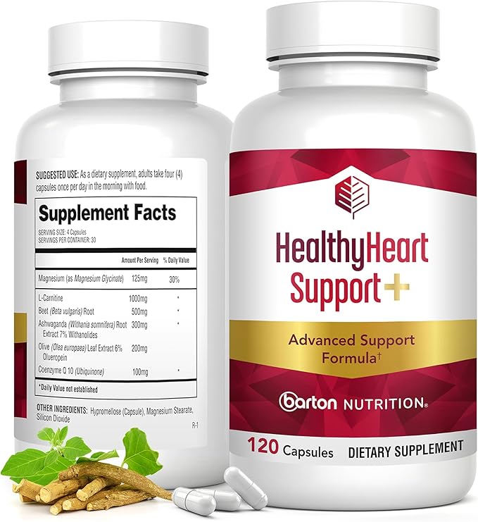 HealthyHeart Support+ 6-in-1 Heart Health Supplements with Ashwagandha, CoQ10, Beet Root, Olive Leaf, Magnesium & L-Carnitine, Made in USA, Doctor-Formulated –120 Capsules, 1 Month Supply