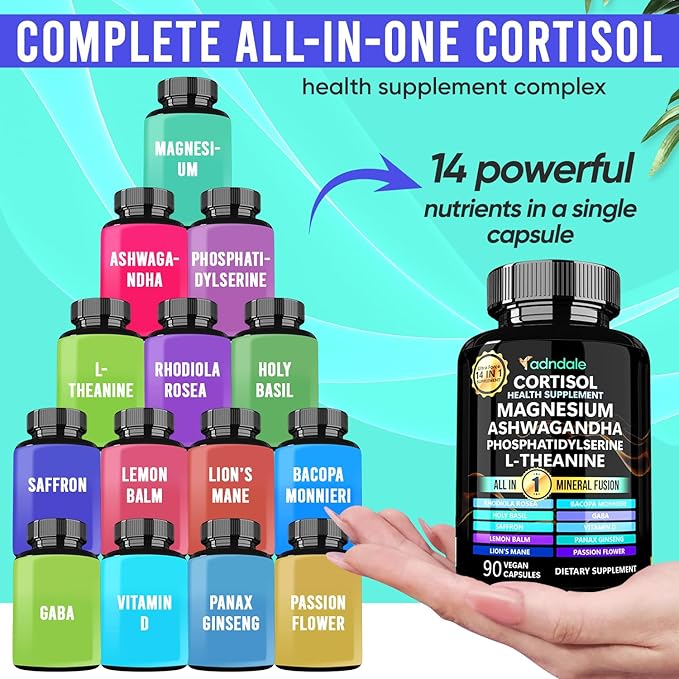 Adndale Cortisol Supplements for Women. Cortisol Manager 14-in-1 Ashwagandha Supplement with Magnesium Glycinate, L-Theanine & More. Support Stress Management & Stamina. 90 Capsules.