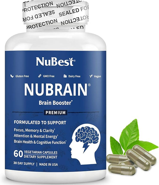 NuBrain Booster - Brain Supplement for Brain Booster, Memory, Focus & Clarity Support with St. John’s Wort, Ginkgo Biloba, Bacopa & More - 60 Vegan Capsules | 1 Month Supply