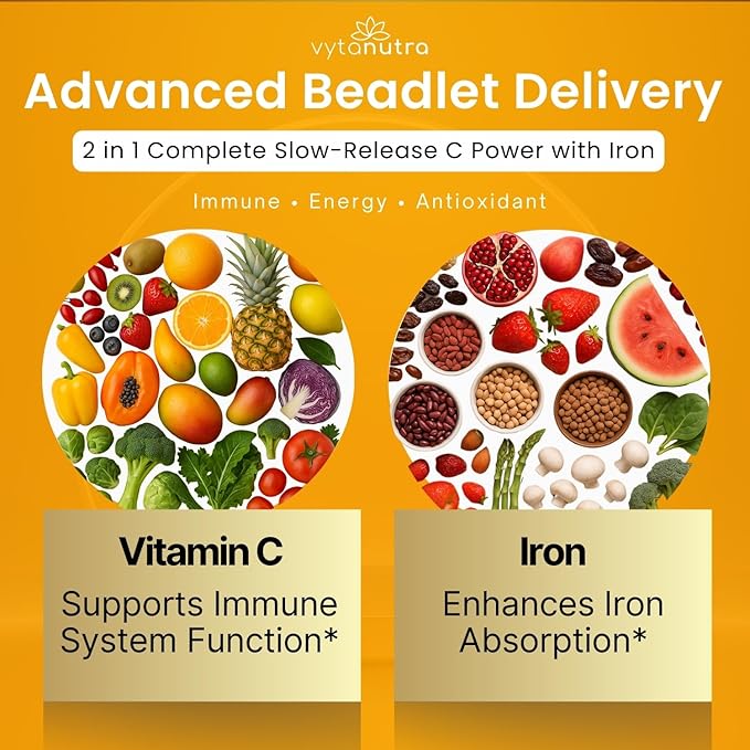 Immune Support Vitamin C – with Iron, Non-GMO, Vegan, Gluten-Free, Slow Release Beadlet Capsules, 90 Count