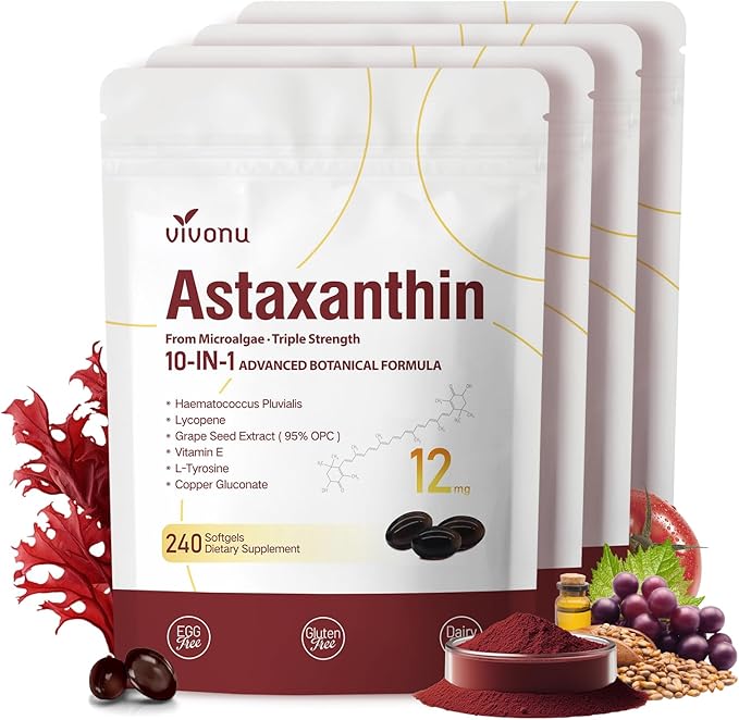 Astaxanthin 12mg, 960 Softgels, Fresh Haematococcus Pluvialis 10 in 1 Astaxanthin Antioxidant Supplements, Contains Lycopene, Grape Seed, Vitamin E, Supports Eye Joints Skin Health, 4Bag