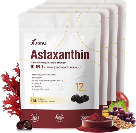 Astaxanthin 12mg, 960 Softgels, Fresh Haematococcus Pluvialis 10 in 1 Astaxanthin Antioxidant Supplements, Contains Lycopene, Grape Seed, Vitamin E, Supports Eye Joints Skin Health, 4Bag