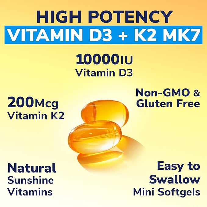 Vitamin D3 K2 Supplement, 10000 IU D3 / 200 mcg K2 MK7, Calcium Absorption, Bone, Heart, Immune & Mood Support, Enhanced Absorption, No Soy, Easy to Swallow, 60 Softgels