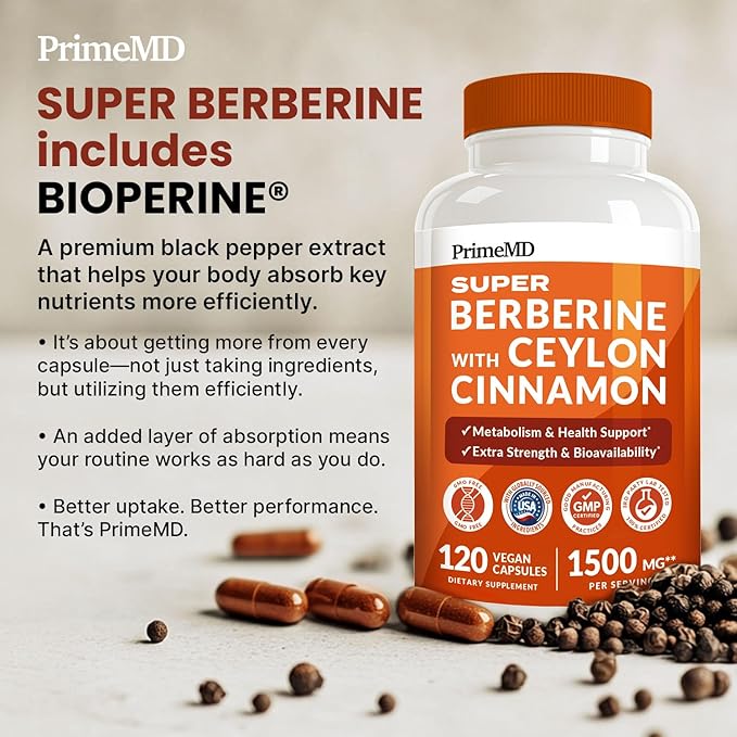 Super Berberine Supplement with Ceylon Cinnamon, BioPerine, Apple Cider, and Turmeric 1500mg - 8-in-1 Dihydroberberine Supplement for Overall Wellness and Balance Support, 120 ct