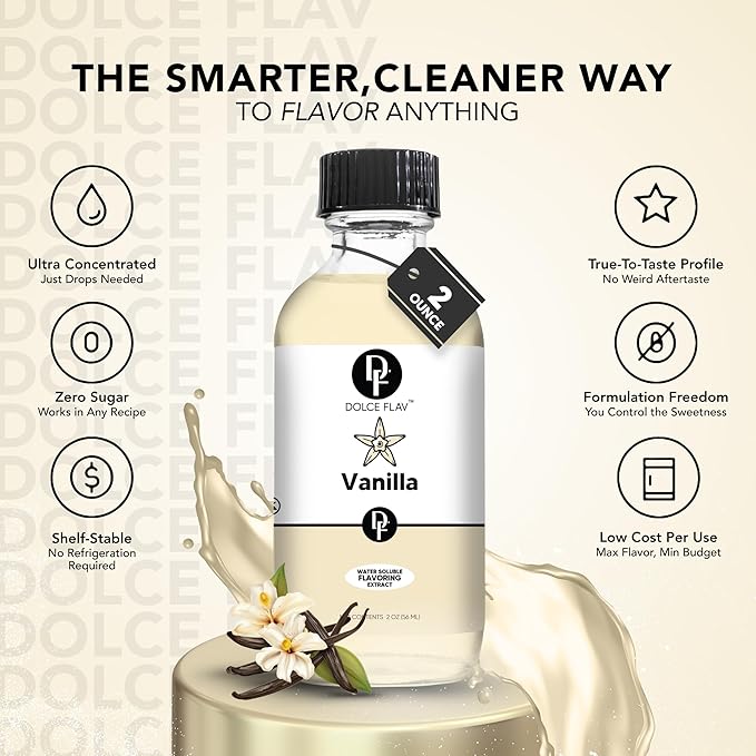Dolce Flav Vanilla Extract 8 oz – Kosher, Sugar-Free, Concentrated Vanilla Flavoring for Baking, Cookies & Desserts, Includes Measured Dropper