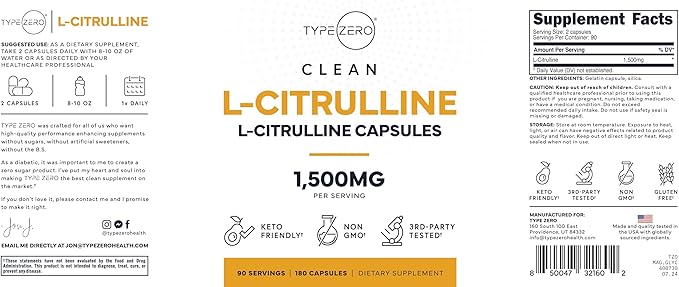 Type Zero L-Citrulline Capsules (180 Capsules) (1500 mg per Serving) - GMO-Free