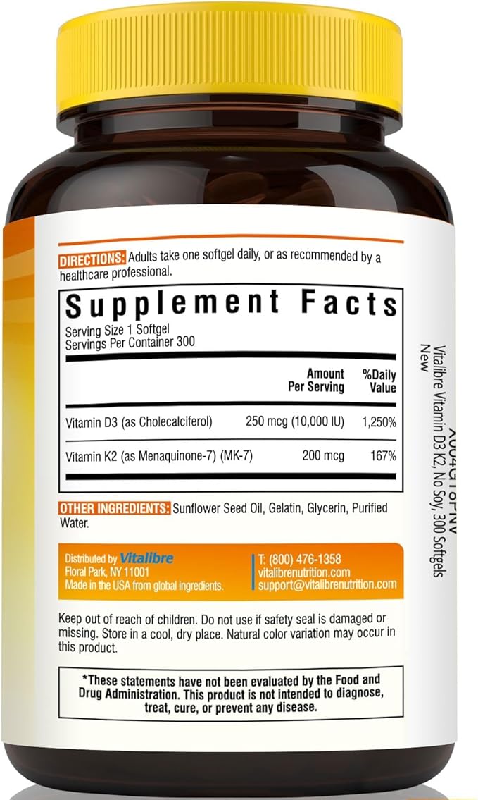 Vitamin D3 K2 Supplement, 10000 IU D3 / 200 mcg K2 MK7, Calcium Absorption, Bone, Heart, Immune & Mood Support, Enhanced Absorption, No Soy, Easy to Swallow, 300 Softgels