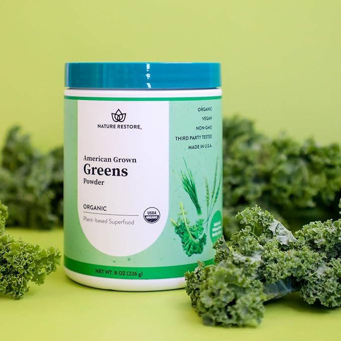 Nature Restore Greens Superfood Powder, USA Grown, Organic Kale, Barley Grass, Wheatgrass, Unsweetened, 8 Ounces, Made in USA