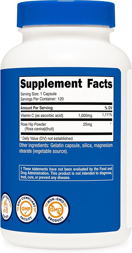 Nutricost Vitamin C with Rose HIPS 1025mg, 120 Capsules - Vitamin C 1000mg, Rose HIPS 25mg, Premium, Non-GMO, Gluten Free Supplement
