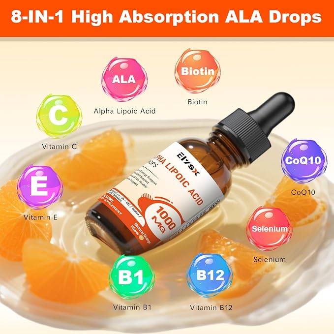 Alpha Lipoic Acid Liquid Drops 1000mg, ALA Supplement for Nerve and Antioxidant Support with Biotin, Natural Orange Flavor, 2FL OZ