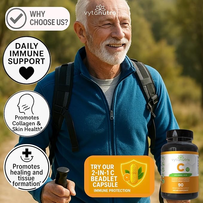 Immune Support Vitamin C – with Iron, Non-GMO, Vegan, Gluten-Free, Slow Release Beadlet Capsules, 90 Count