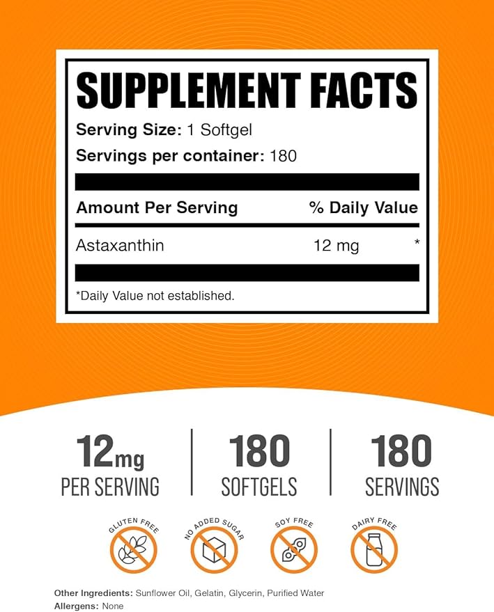 BulkSupplements.com Astaxanthin 12mg Softgels - Astaxanthin Supplements, Antioxidant Source - Gluten Free, 1 Softgel per Serving, 180 Count (Pack of 1)