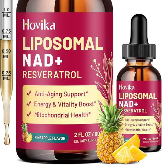 Liposomal NAD Supplement - 1200mg NAD+ Liquid Drops for Women & Men with Resveratrol, Black Pepper Extract - Support Anti-Aging, Brain & Cellular Mitochondrial Health - 2 Fl Oz, Pineapple Flavor
