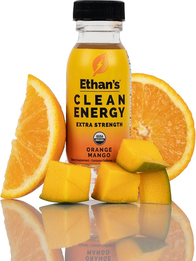 Ethan's Organic Clean Energy Shots 3 Flavors (Orange Mango, Pineapple & Pomegranite Blueberry), Sugar Free Natural Pre-Workout Focus Boost, Gluten Free, Vegan, B6 & B12 Vitamin C with Green Tea Extract and Guayusa (12 Pack of 2oz Shots)