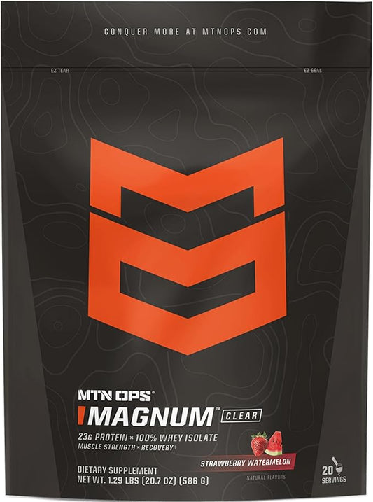 MTN OPS Magnum Clear Protein Powder – 23g 100% Whey Protein Isolate per Serving, Low Carb (<1g), Quick-Digesting, Gluten-Free, Low Lactose, Refreshing Strawberry Watermelon, 20 Servings