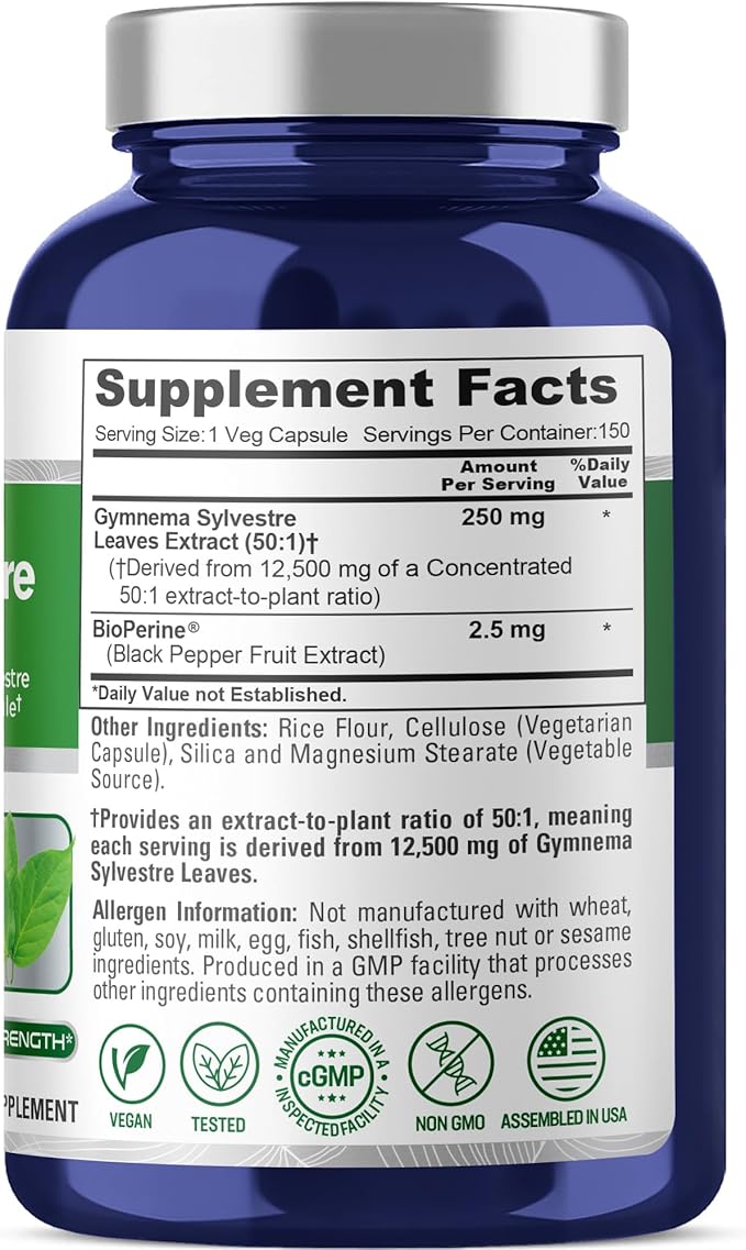 NusaPure Gymnema Sylvestre 50:1 Extract, 250 mg Equivalent to 12,500mg Per Vegan Caps - 150 Count (Non-GMO, Vegan, Bioperine)