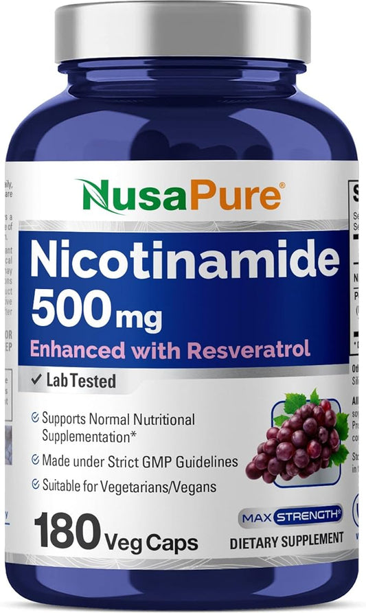 NusaPure Nicotinamide with Resveratrol (Vitamin B-3) 500 mg - 180 Vegetarian Caps (Non-GMO & Vegan)