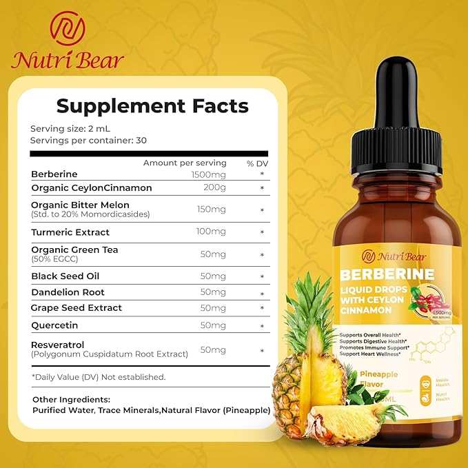 Berberine Supplement with Ceylon Cinnamon, Berberine HCL Liquid Drops with Turmeric, Bitter Melon, Quercetin, 10X Strength AMPK for Digestion System, Immune Health Support -Vegetarian, 2 fl oz