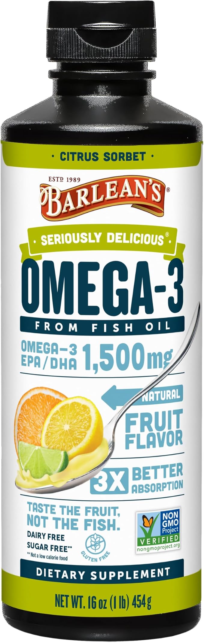 Barlean's Citrus Sorbet High Potency Omega 3 Fish Oil Liquid Supplement, 1500mg of EPA & DHA Fatty Acid, Smoothie Flavored & Burpless for Brain, Joint, & Heart Health, 16 oz