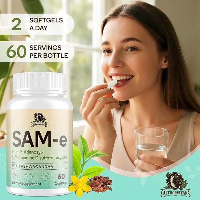 SAM-e Supplement – Capsule Complex with Ashwagandha Extract, L-Theanine, Rhodiola, St. John’s Wort, Omega-3 Fatty Acids, Magnesium, B Vitamins & D3, 120 Capsules