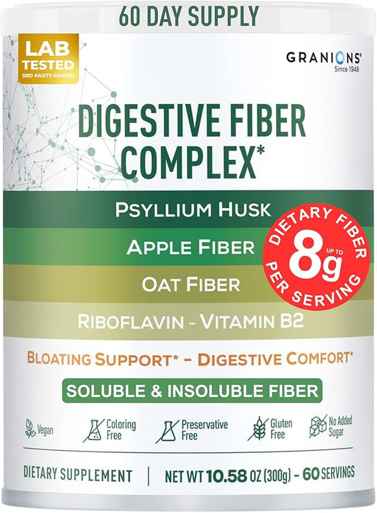 Psyllium Husk Powder Digestive Fiber Supplement – Gut Health, Bloating Relief for Women and Men - Daily Soluble and Insoluble Psyllium Husk Fiber Powder Apple, Oat, B2 - Vegan, Unflavored, 60 Servings