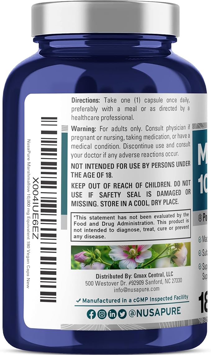 NusaPure Marshmallow Root 50:1 Extract, 200 mg Equivalent to 10,000mg Per Veggie Caps 180 Count (Non-GMO, Vegan) Bioperine
