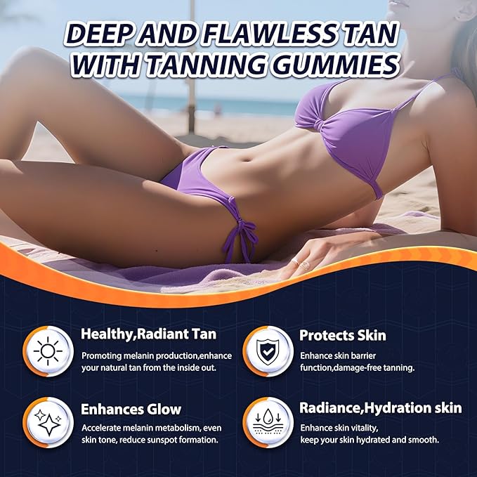 Tanning Gummies - Self Tan Bronzing Supplement that Work Without Sun - No Sugar Vegan with Astaxanthin Lycopene Beta Carotene and Vitamins-60 Count