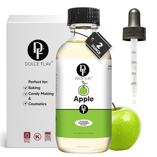 Dolce Flav Apple Extract – 2 Ounce Oil-Soluble Kosher, Sugar-Free, Concentrated Crisp Apple Flavoring for Baking, Chocolates & Desserts, Includes Measured Dropper