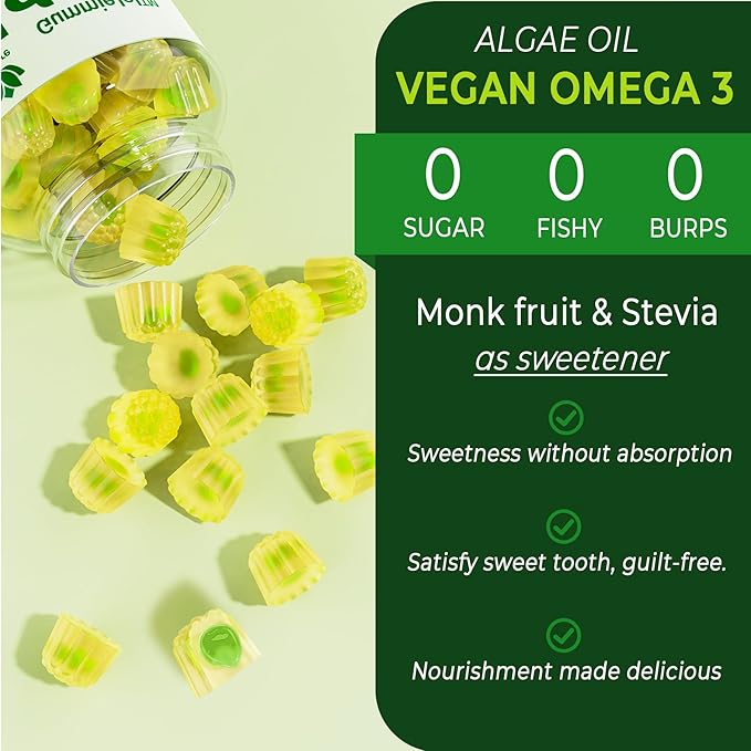 Omega 3 Gummies 2200mg from Algae Oil (DHA 640mg & EPA 290mg) for Women & Men, Vegan Omega 3 Fish Oil Alternative, w/CoQ10, Astaxanthin, Vitamin A, E, D3 for Brain, Eye, Antioxidant,Sugar Free 2Packs