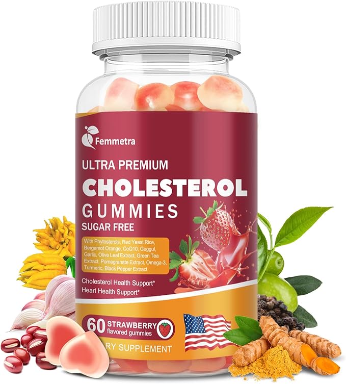 Cholesterol Supplements with Plant Sterols, Red Yeast Rice & COQ10 etc, 17-in-1 Cholesterol Complex Gummies for Heart & Cholesterol Health, Energy Support, Non-GMO, Strawbreey Flavor, 60 Gummies.