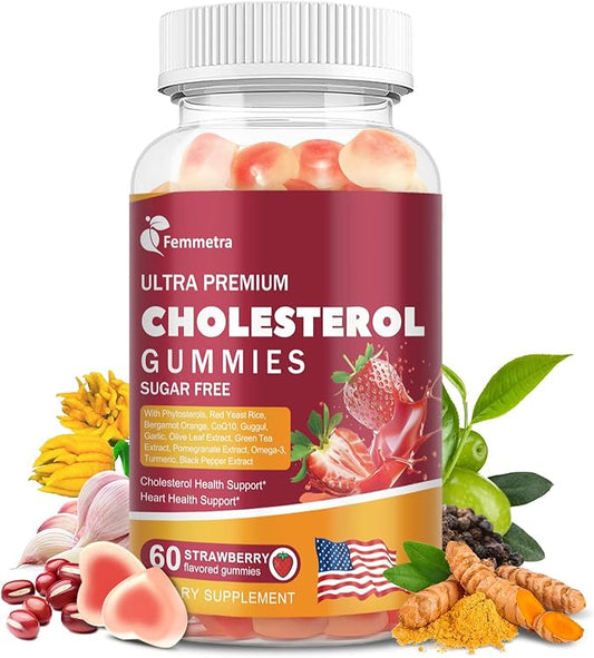 Cholesterol Supplements with Plant Sterols, Red Yeast Rice & COQ10 etc, 17-in-1 Cholesterol Complex Gummies for Heart & Cholesterol Health, Energy Support, Non-GMO, Strawbreey Flavor, 60 Gummies.