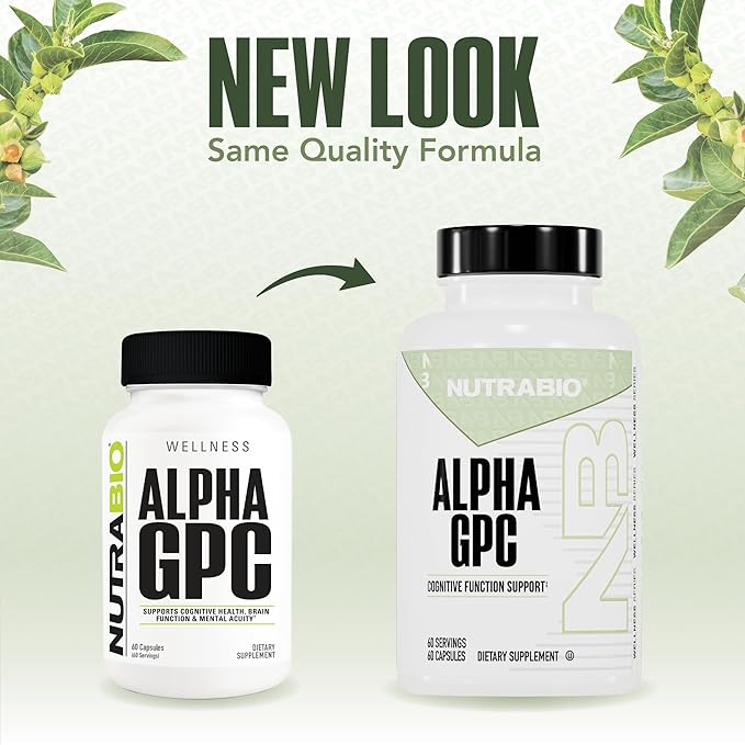 NutraBio Alpha GPC, Brain Support & Improved Memory Function, 300mg - 60 Vegetable Capsules