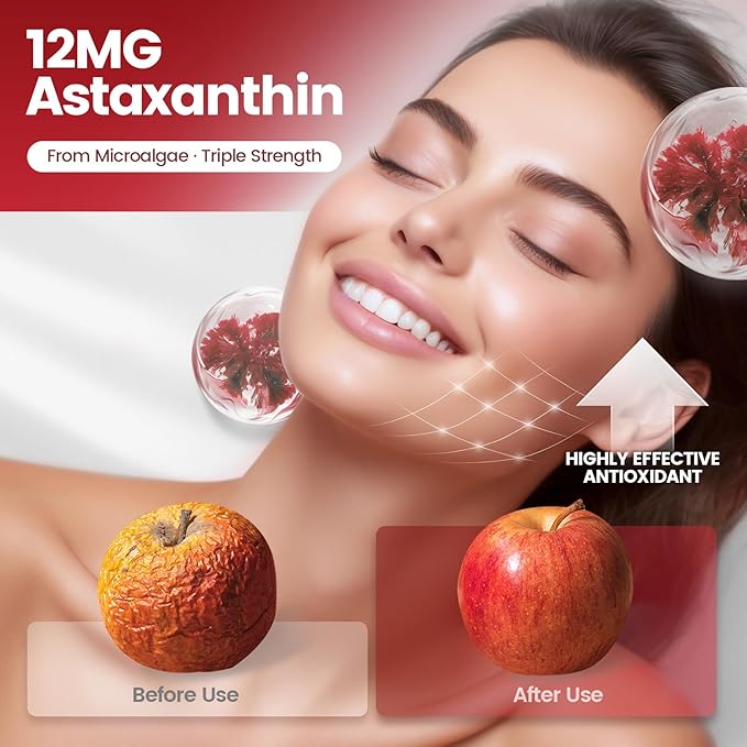 Astaxanthin 12mg, 720 Softgels, Fresh Haematococcus Pluvialis 10 in 1 Astaxanthin Antioxidant Supplements, Contains Lycopene, Grape Seed, Vitamin E, Supports Eye Joints Skin Health, 3Bag