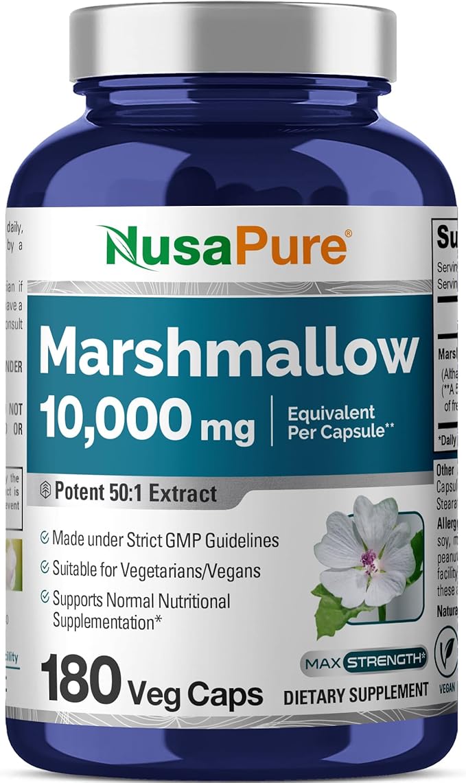 NusaPure Marshmallow Root 50:1 Extract, 200 mg Equivalent to 10,000mg Per Veggie Caps 180 Count (Non-GMO, Vegan) Bioperine