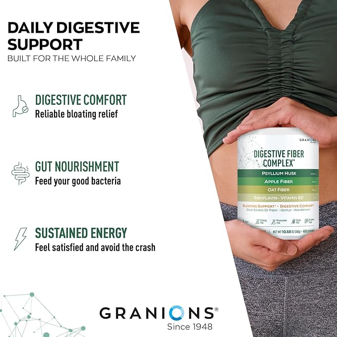 Psyllium Husk Powder Digestive Fiber Supplement – Gut Health, Bloating Relief for Women and Men - Daily Soluble and Insoluble Psyllium Husk Fiber Powder Apple, Oat, B2 - Vegan, Unflavored, 60 Servings
