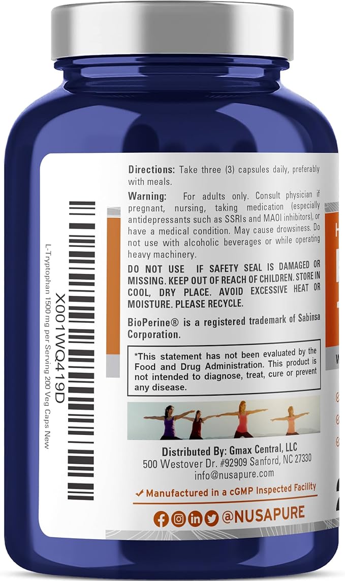 NusaPure L-Tryptophan 1500mg 200 Vegetarian Caps (Non-GMO, Vegan) Bioperine