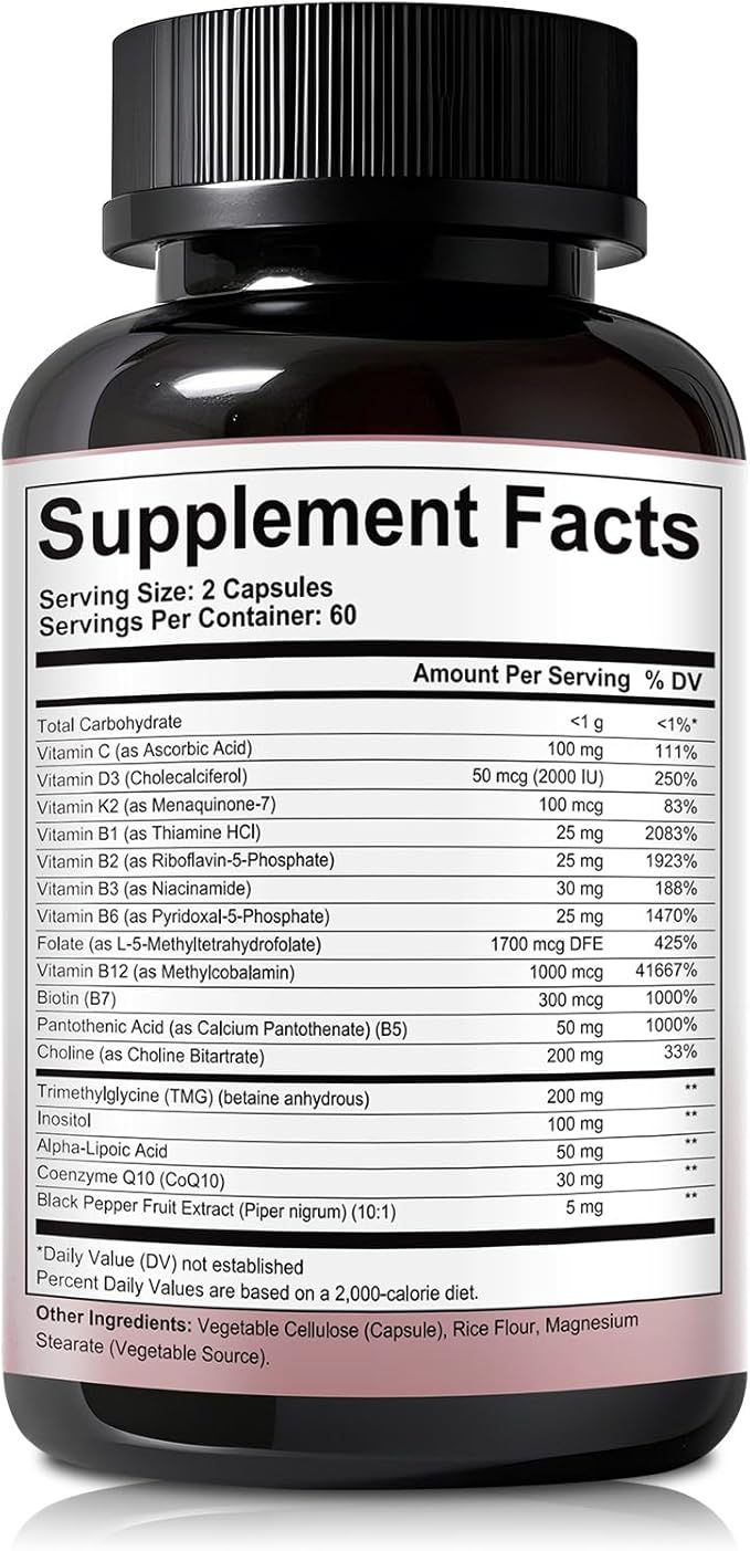 16-in-1 Methylated Multivitamin Plus, Methylated B Complex with Vitamin B12 & Methylfolate, B1-B7, CoQ10 & Alpha Lipoic Acid, Vitamin B Complex for Energy, Brain, Heart, Immunity& Antioxidant,120 Caps