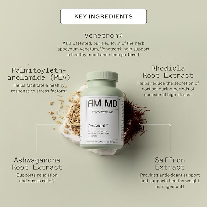 Amy Myers MD ZenAdapt Supplement - Supports Stress Relief & Cortisol Balance - Adaptogenic Blend with Pea, Saffron & Holy Basil - 120 Capsules