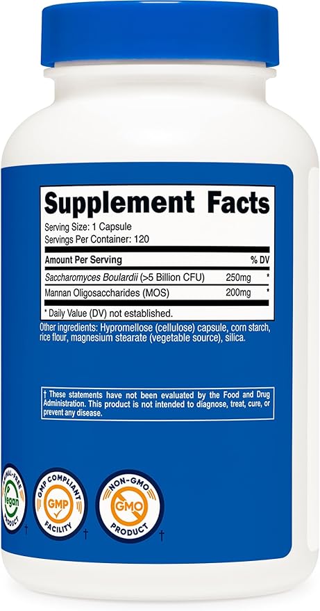 Nutricost Saccharomyces Boulardii + MOS Capsules (>5 Billion CFU) 120 Capsules - Prebiotic + Probiotic, 200mg of MOS Per Serving