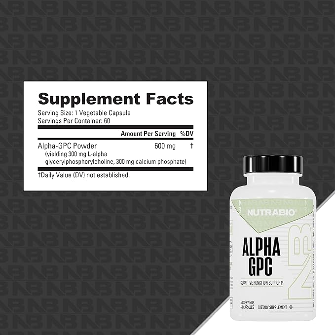 NutraBio Alpha GPC, Brain Support & Improved Memory Function, 300mg - 60 Vegetable Capsules