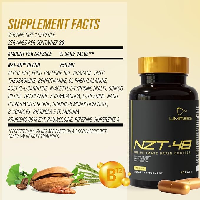 NZT-48 Brain Booster | Nootropic Brain Supplements for Memory and Focus | Premium Natural Energy Supplement with Caffeine, Phosphatidylserine, Vitamins B6 & B12, Ashwagandha | 30 Servings